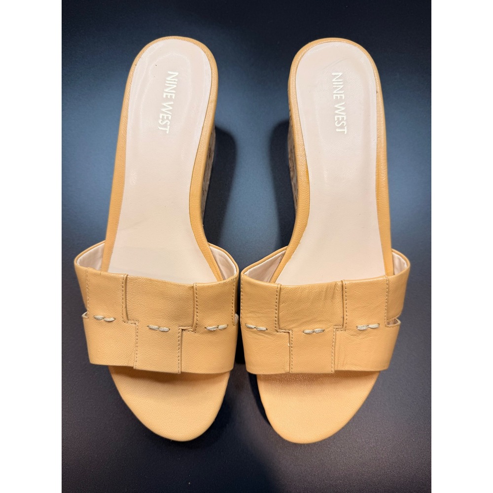 Nine West Wedge Sandals Sz. 10 M Tan Cork Platform Leather Slides